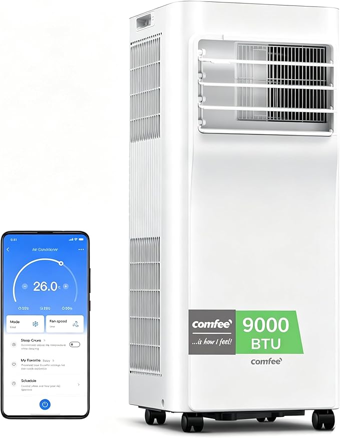 COMFEE' Climatiseur Mobile 9000 BTU 2,6kW –  3 Modes, 3 Vitesses, Compatible Alexa, Classe A, Idéal Pièces jusqu'à 33㎡