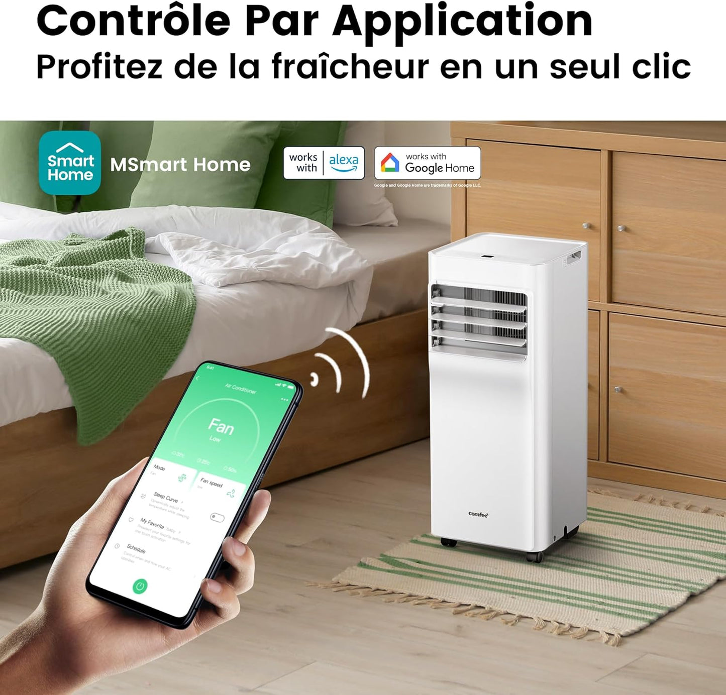 COMFEE' Climatiseur Mobile 9000 BTU 2,6kW –  3 Modes, 3 Vitesses, Compatible Alexa, Classe A, Idéal Pièces jusqu'à 33㎡