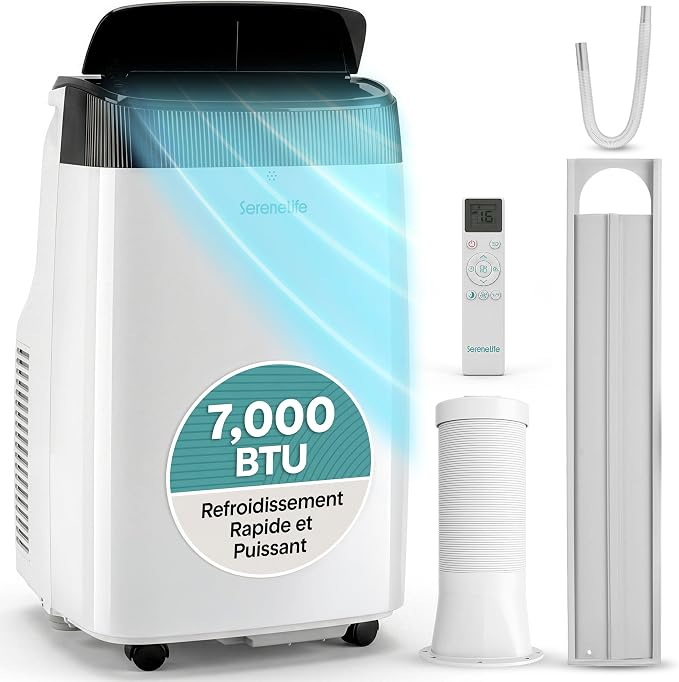 ❄️ SereneLife Climatiseur Mobile 7000 BTU – 3-en-1 Silencieux, Déshumidificateur, Télécommande, Blanc